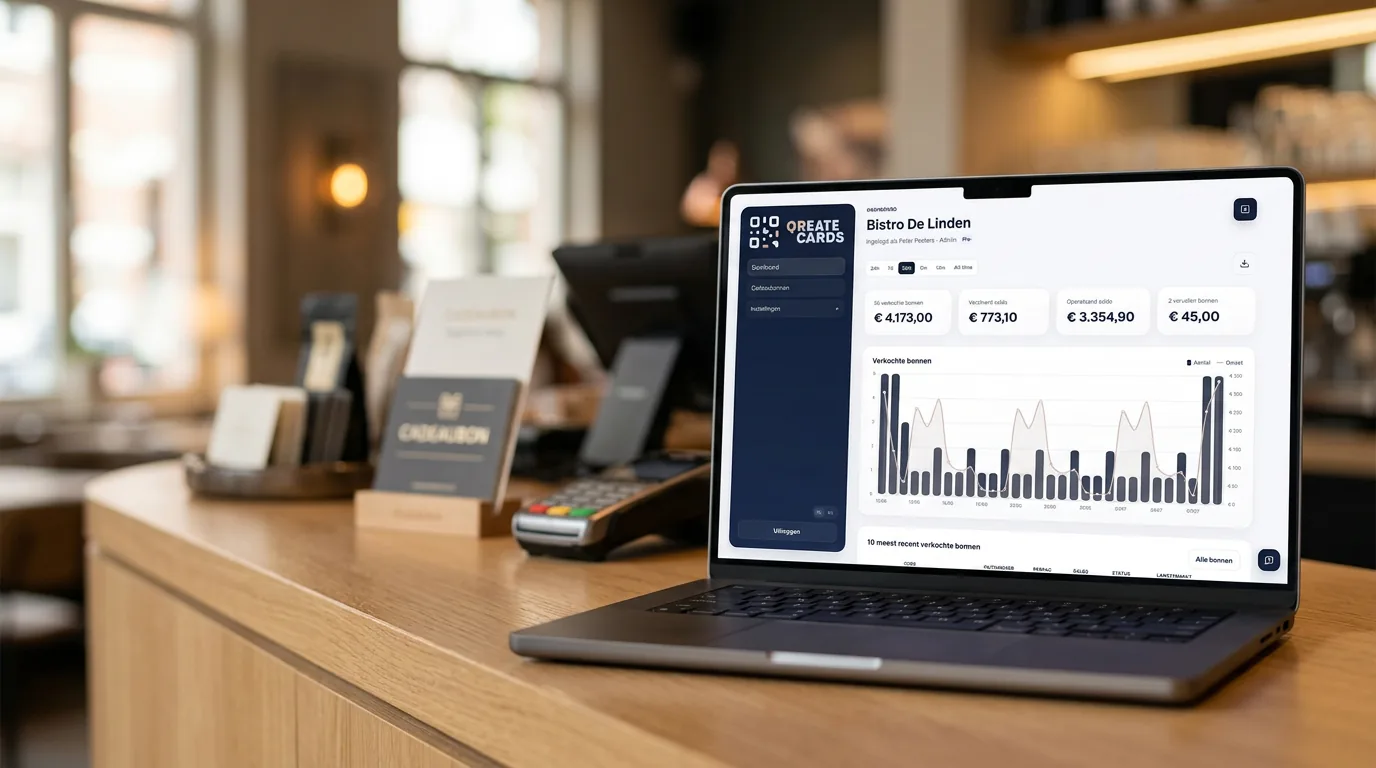 QReateCards dashboard on a laptop in a hospitality setting.