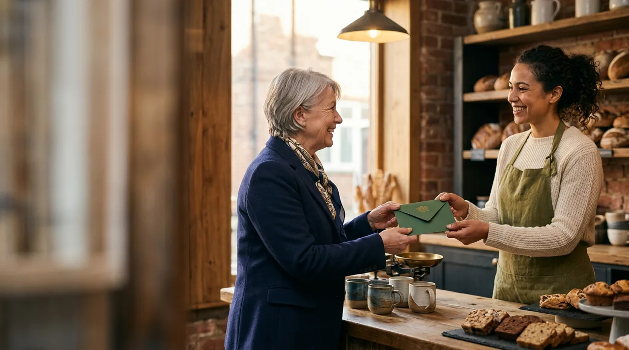 A gift card being handed over in a warm local store setting.