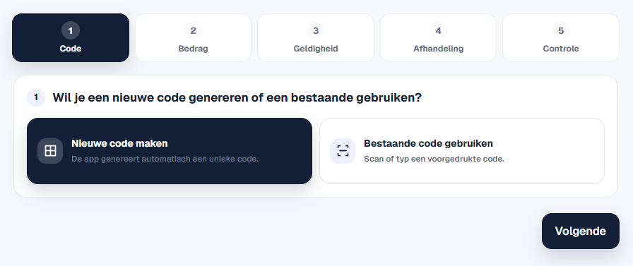 Choice between creating a new code or using an existing code.