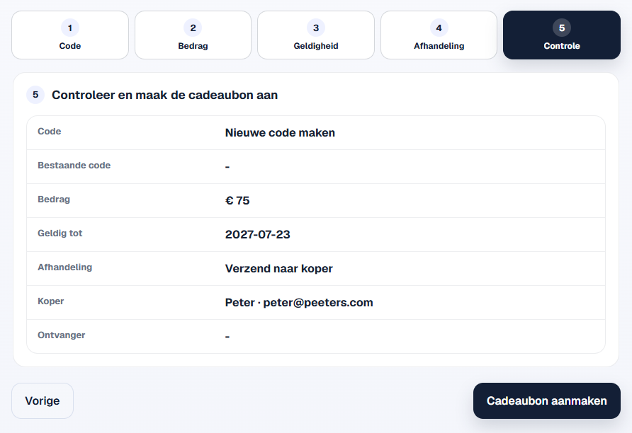 Summary with all details and the Create gift card button.