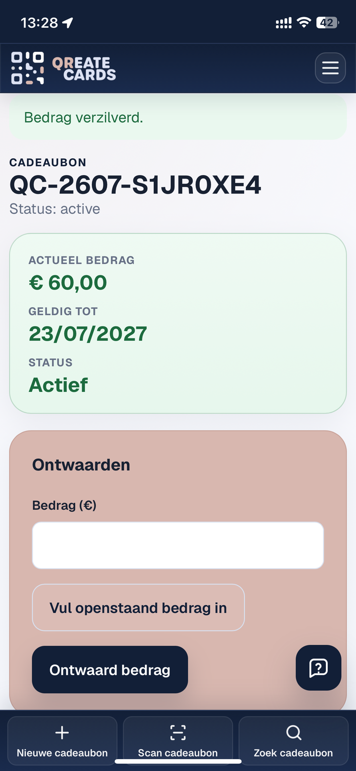 Gift card after redemption with updated balance.