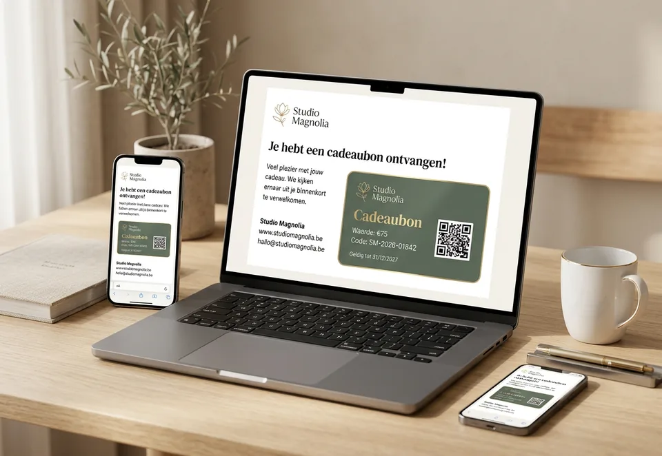 Digitale cadeaubon op laptop en smartphone.