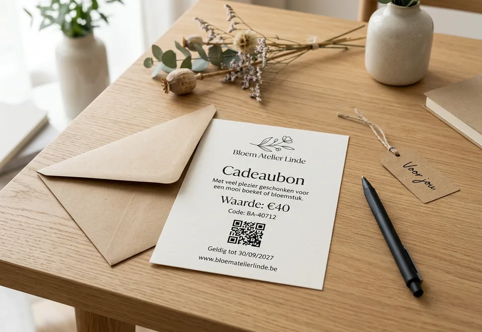 Geprinte fysieke cadeaubon op een houten tafel.