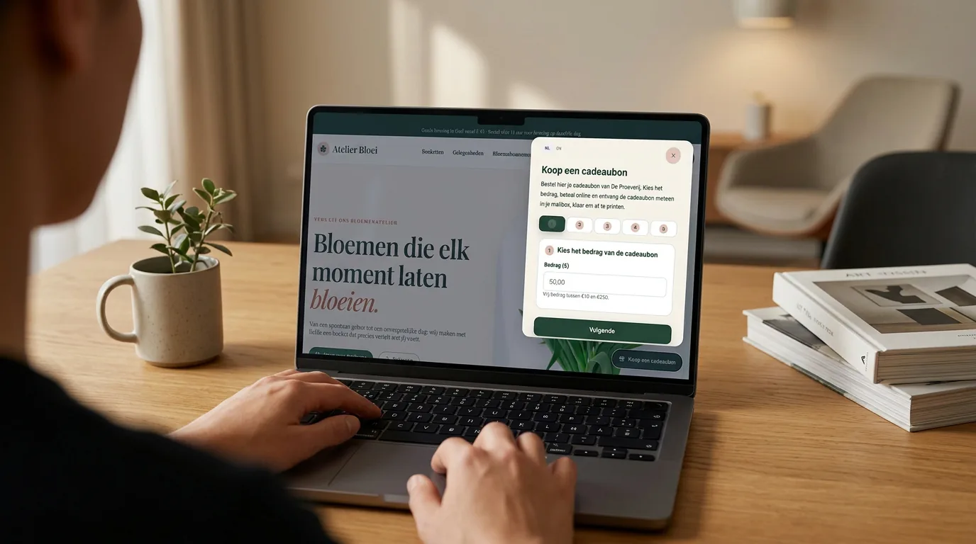 QReateCards-widget voor het kopen van een cadeaubon op laptop.