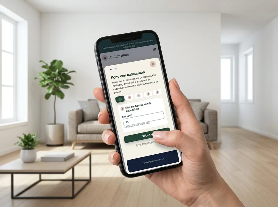 QReateCards-widget voor het kopen van een cadeaubon op smartphone.