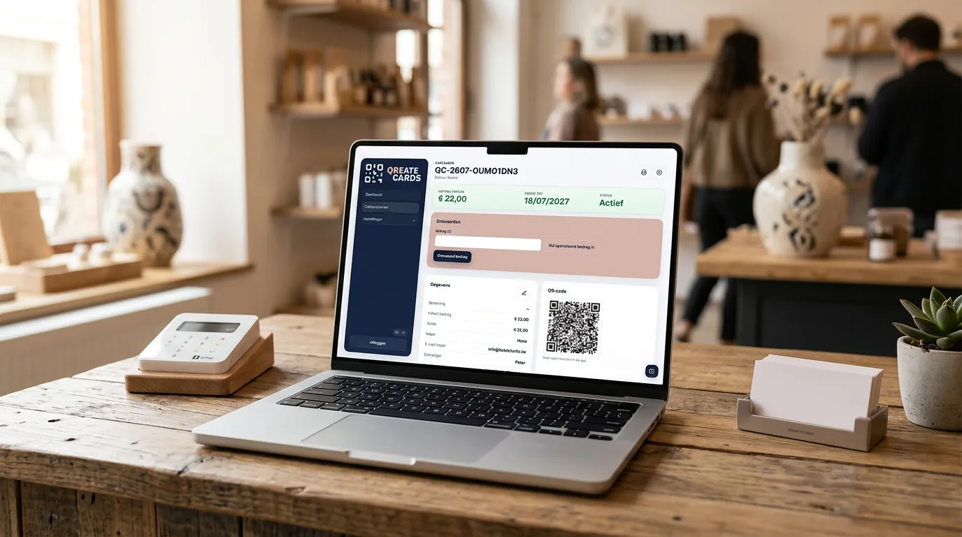 QReateCards-dashboard met beheer en ontwaarding van cadeaubonnen.