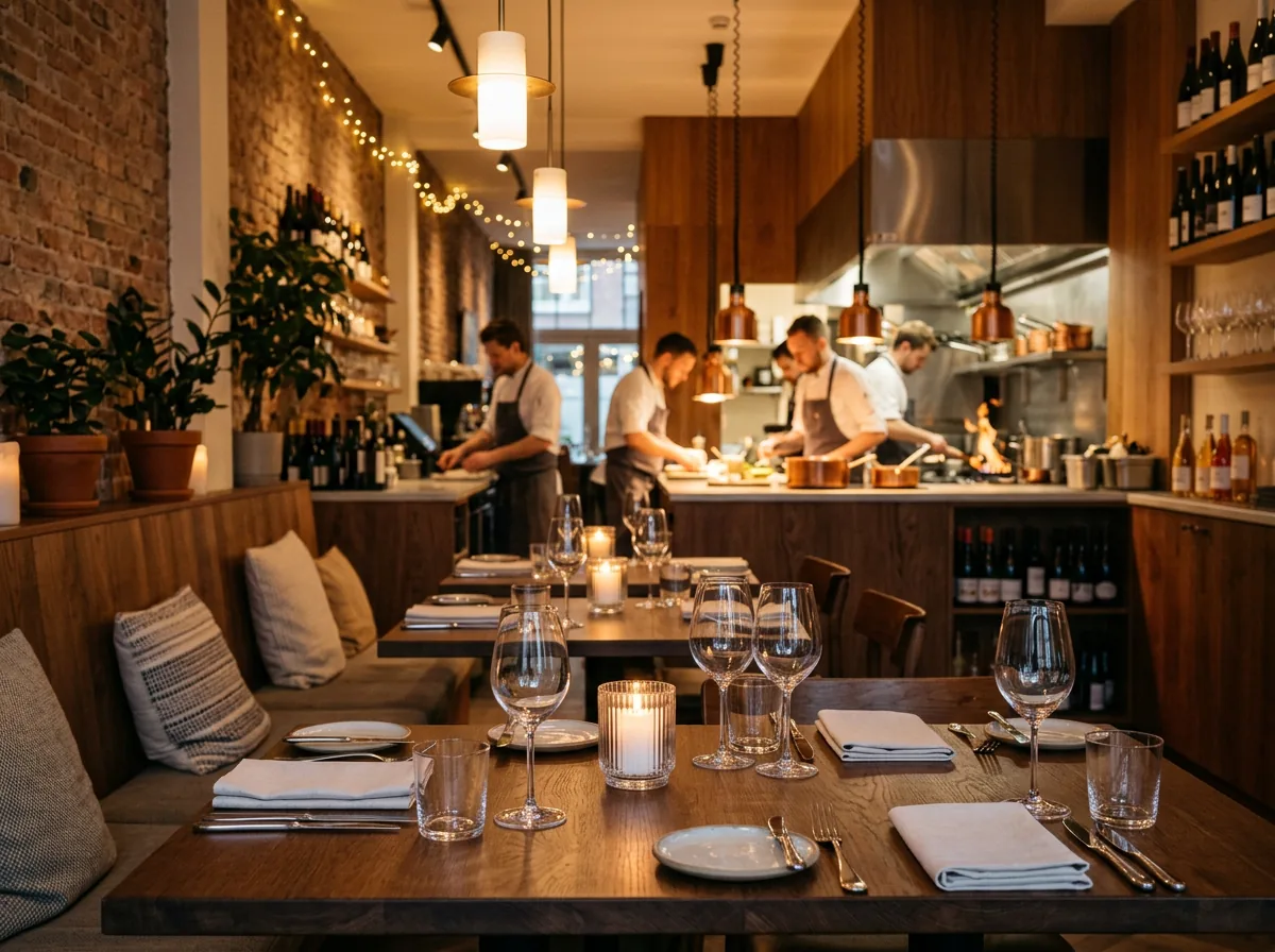 Warm restaurantinterieur met sfeervolle tafels.