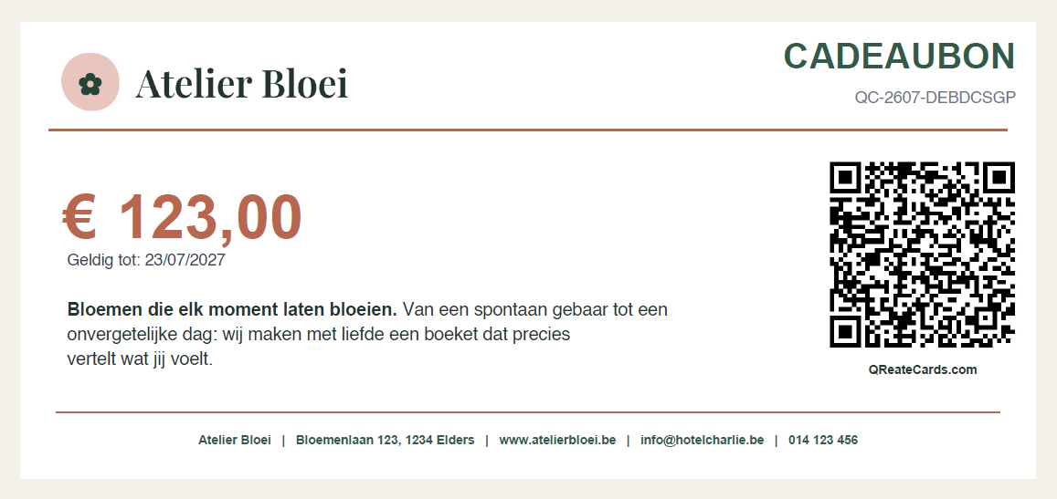 Voorbeeld van een aangemaakte cadeaubon met QR-code en waarde.