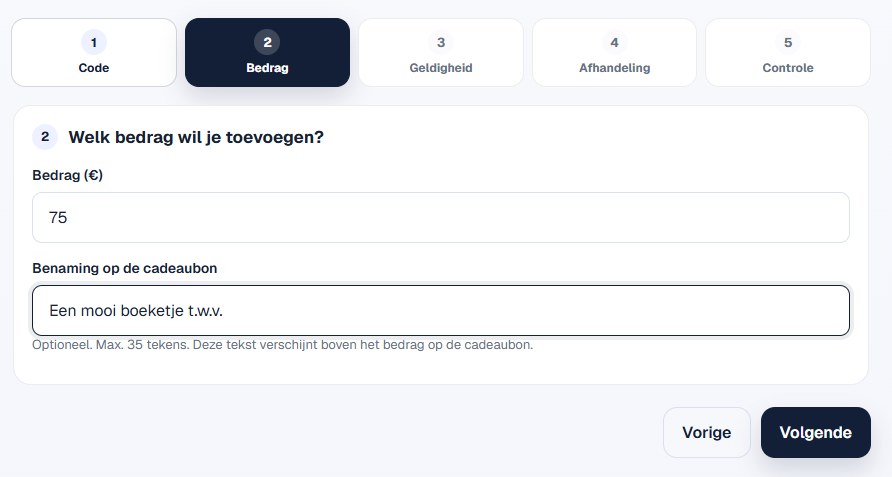 Formulier voor bedrag en optionele benaming van de cadeaubon.
