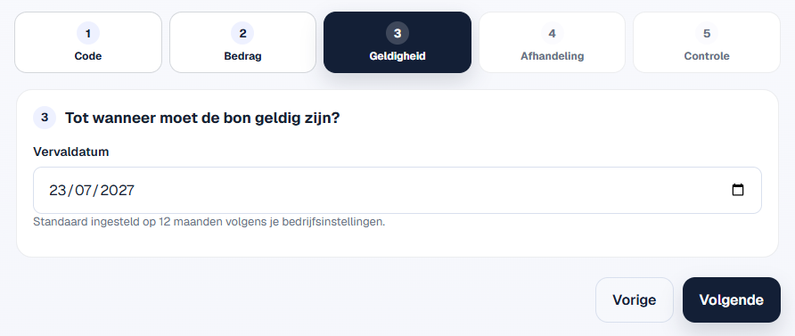 Instelling voor de geldigheid van de cadeaubon.