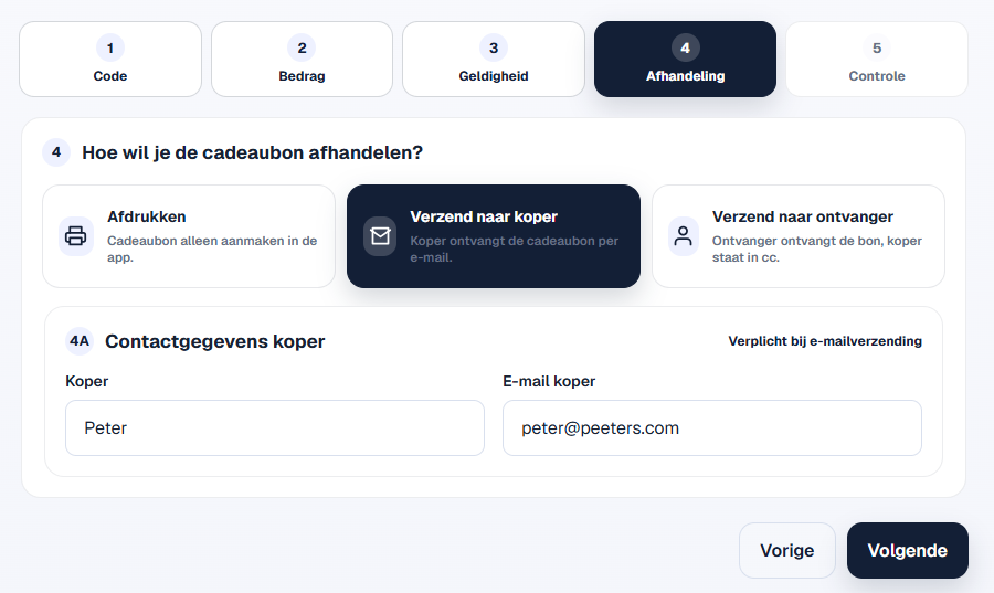 Keuze om de cadeaubon af te drukken of per e-mail te versturen.
