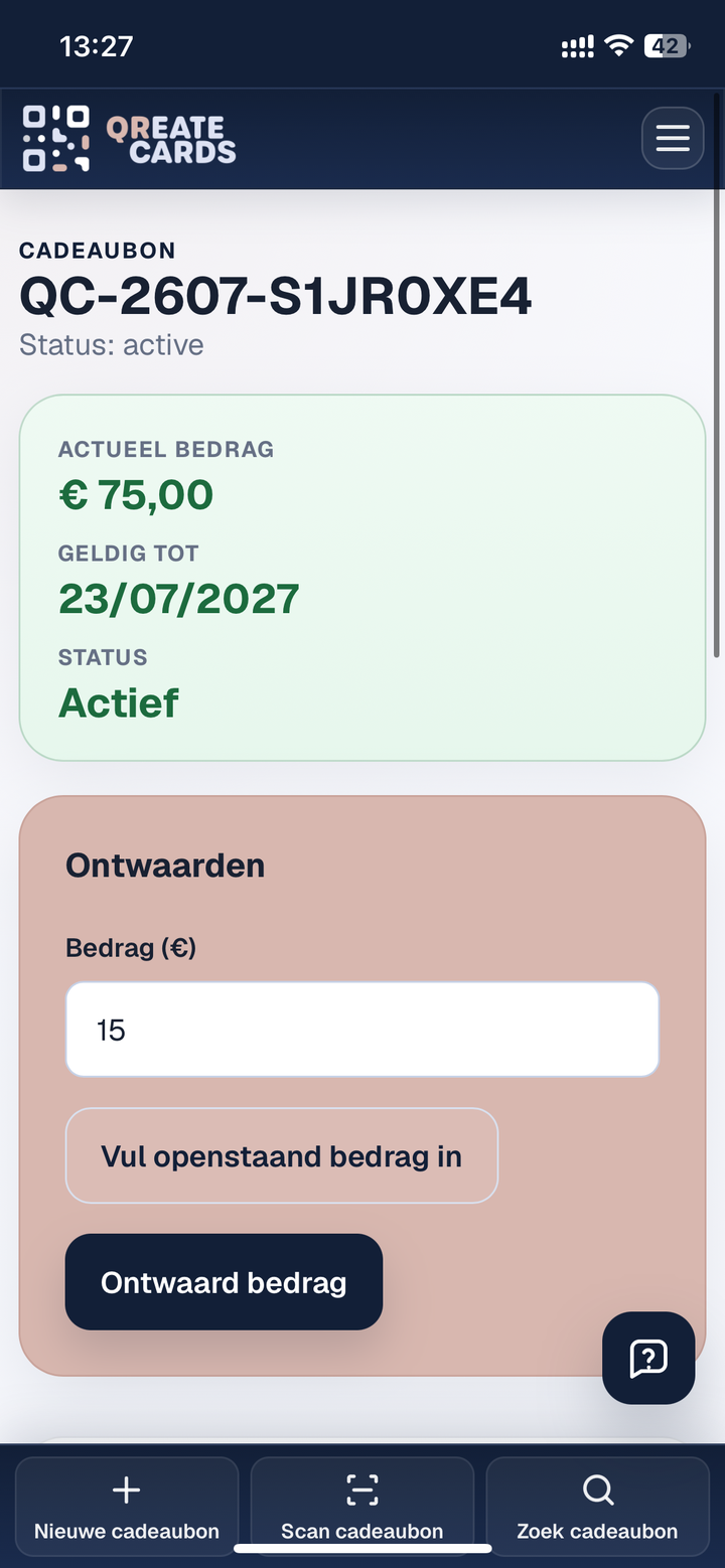Scherm om een bedrag van een cadeaubon te ontwaarden.