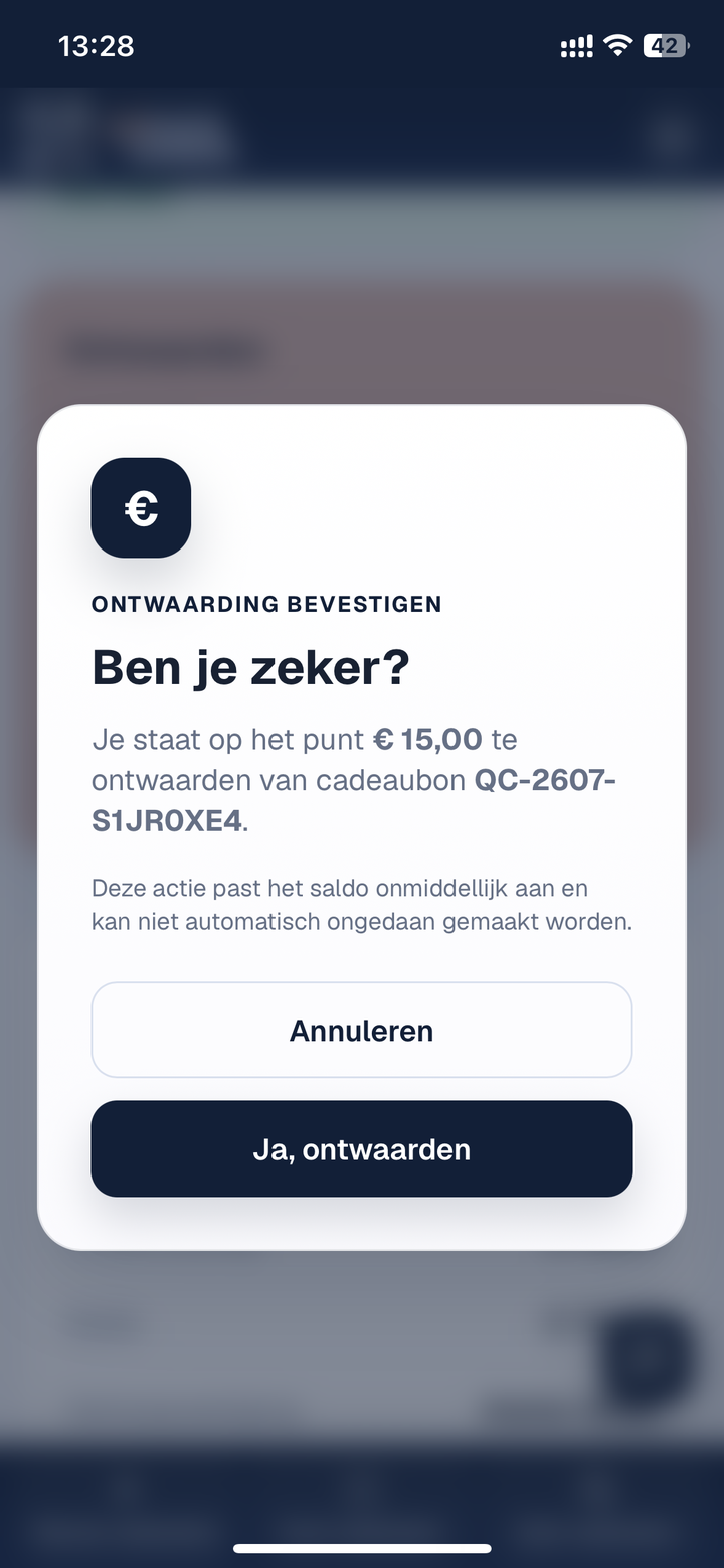 Bevestigingsscherm voor de ontwaarding van een cadeaubon.