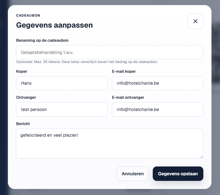 Bewerkmodus voor gegevens van een cadeaubon.