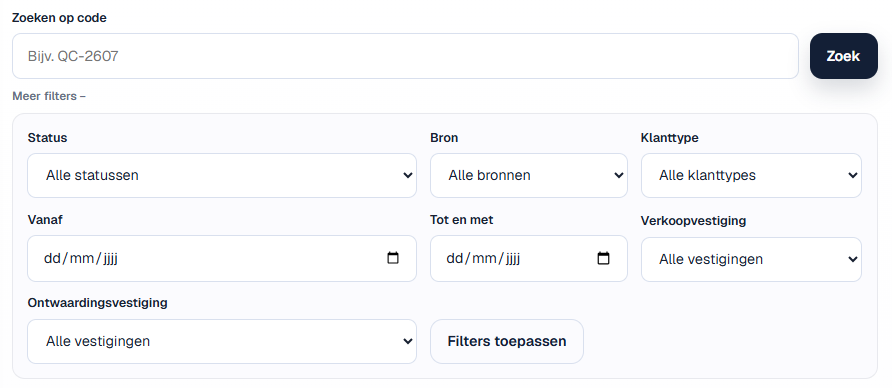 Filters in het overzicht van cadeaubonnen.