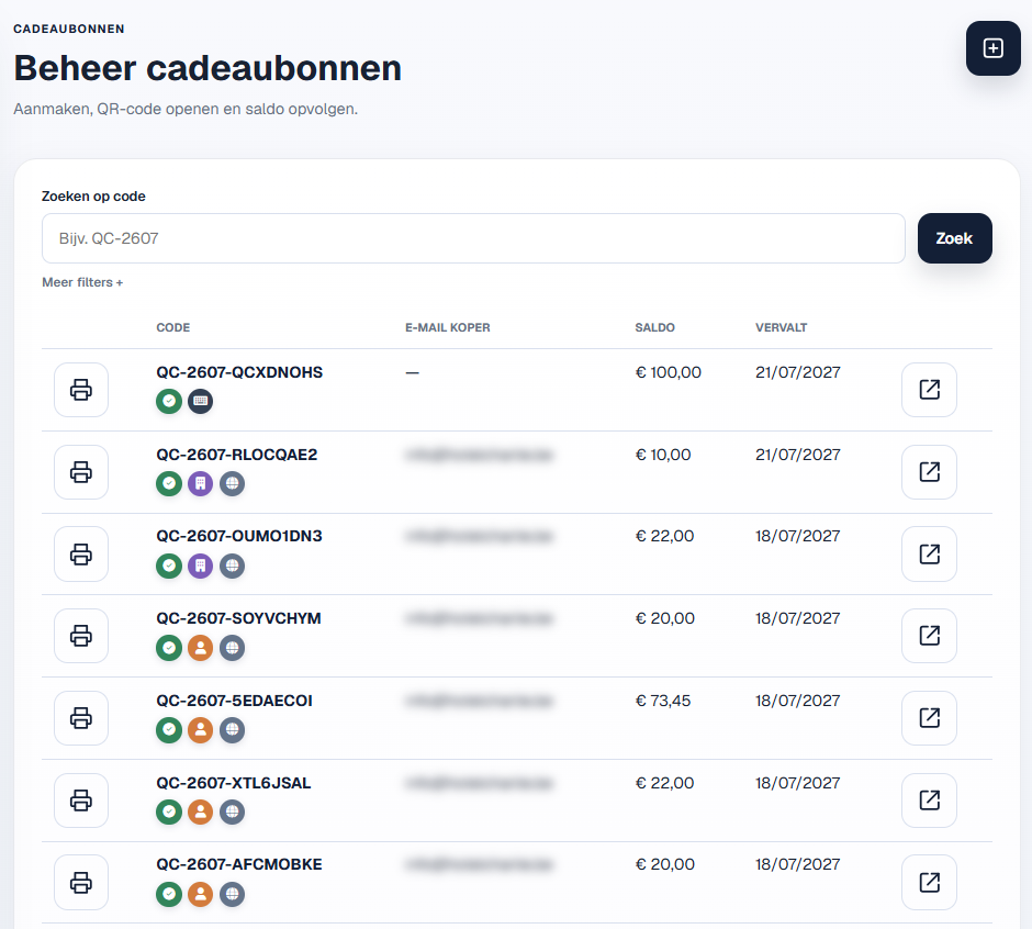 Overzicht van cadeaubonnen met status- en kanaaliconen.