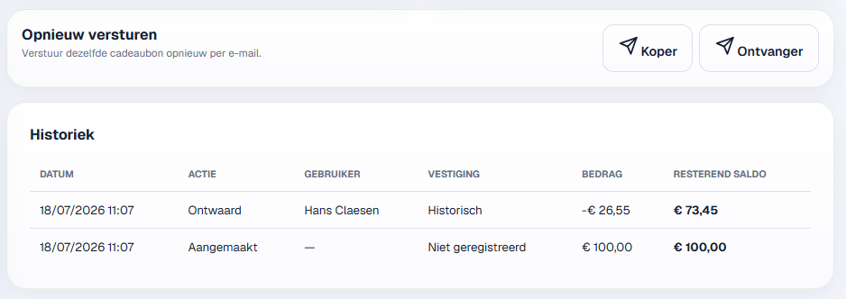 Actie om een cadeaubon opnieuw te versturen en de historiek te raadplegen.