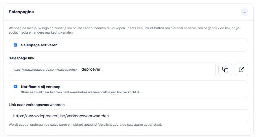 Instellingen voor de QReateCards-sales page.