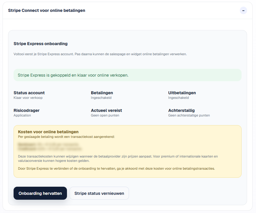 Status van de Stripe Connect-koppeling en geschatte transactiekost.