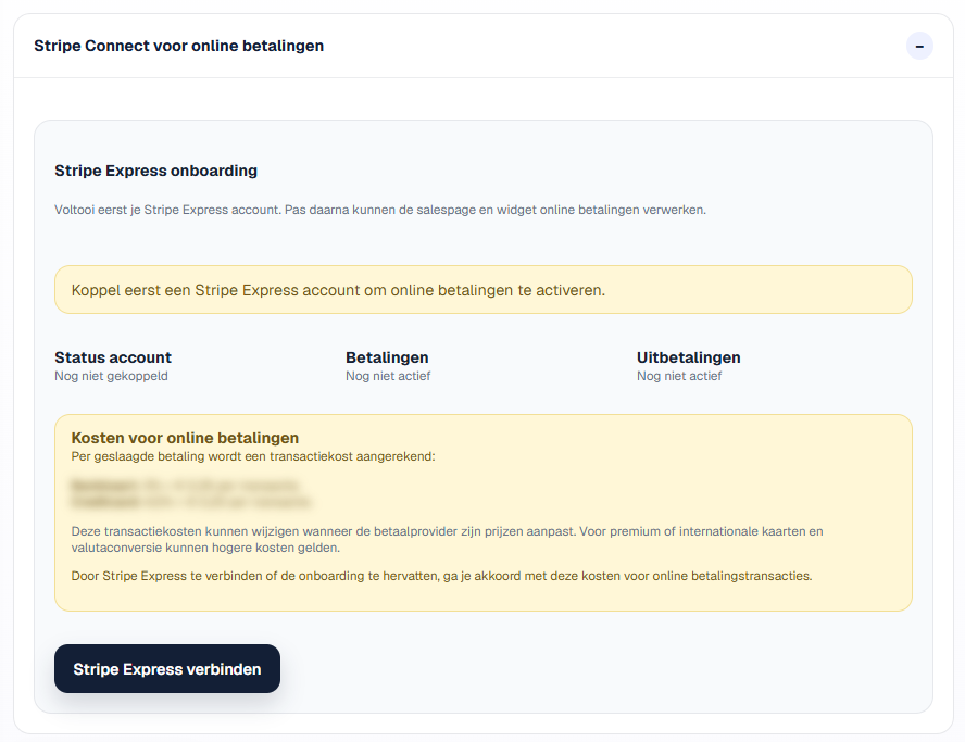 Instelling om Stripe Express te verbinden voor online betalingen.