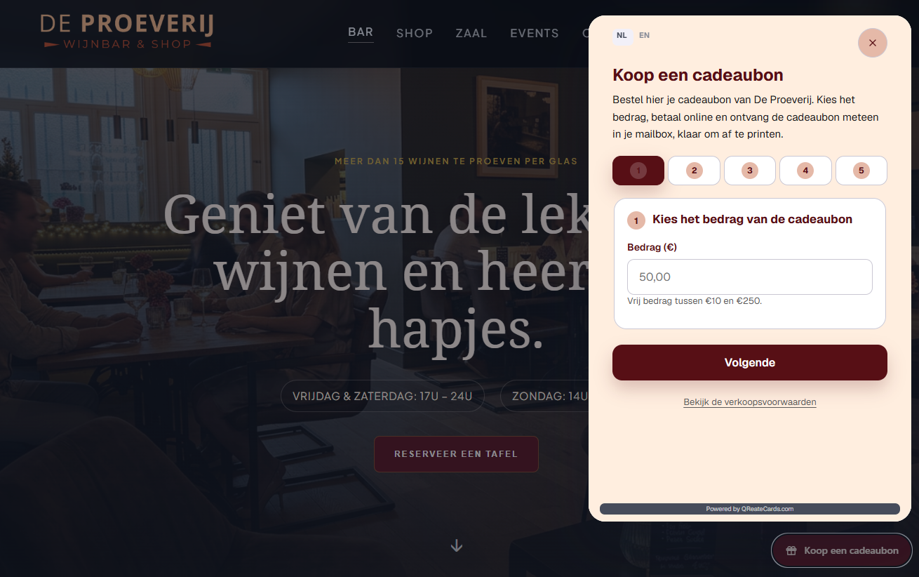 Popup-bestelmodule van de QReateCards-widget.