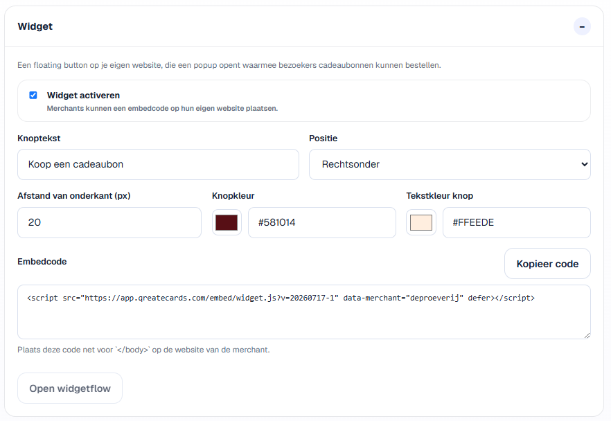 Instellingen en embedcode voor de verkoopwidget.